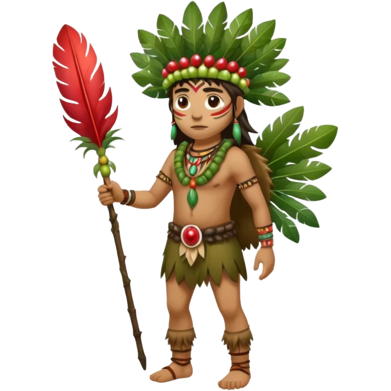 full body indigenous forest hunter spirit with feather fruit crown emoji
