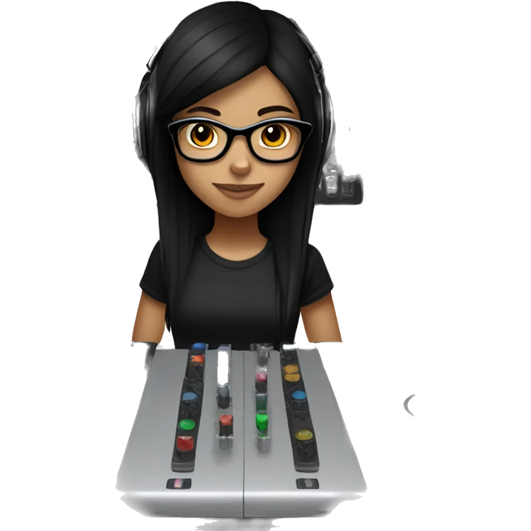 Fair skinned girl with brown eyes and long straight black hair with a black t shirt with glasses on with headphones on mixing on a dj mixer emoji
