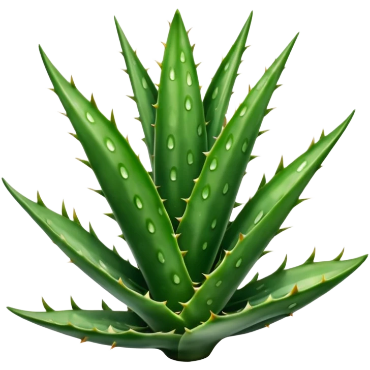 single aloe vera leaf thick fleshy deep green with lighter spots or stripes gently toothed edges long tapered slightly curved smooth waxy surface no pot no cut section soft lighting subtle shadows emoji scale emoji