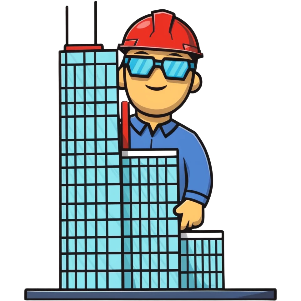 man building a model of a skyscraper wearing transparent safety glasses emoji