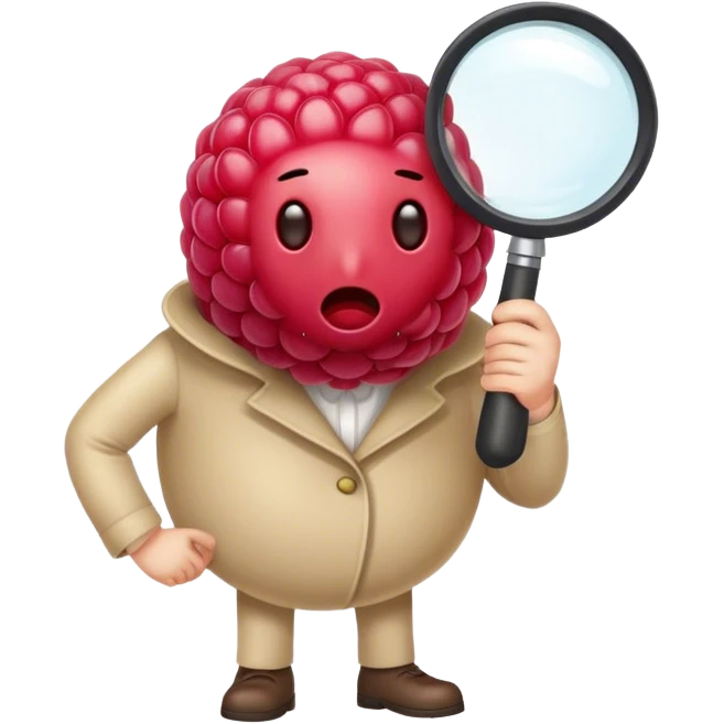 A faceless raspberry holding a magnifiyng glass, no face, no eyes, no mouth, no body  emoji
