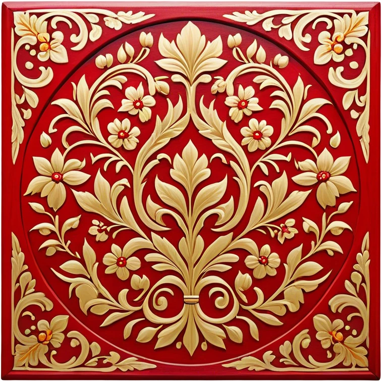Wood painting icon, intricate traditional Russian Palekh or Khokhloma patterns painted on wooden surface, vivid red, gold, and black colors, visible paintbrush with fine details, no finished artwork, just the process of painting, minimalistic style, clean lines, transparent background. emoji