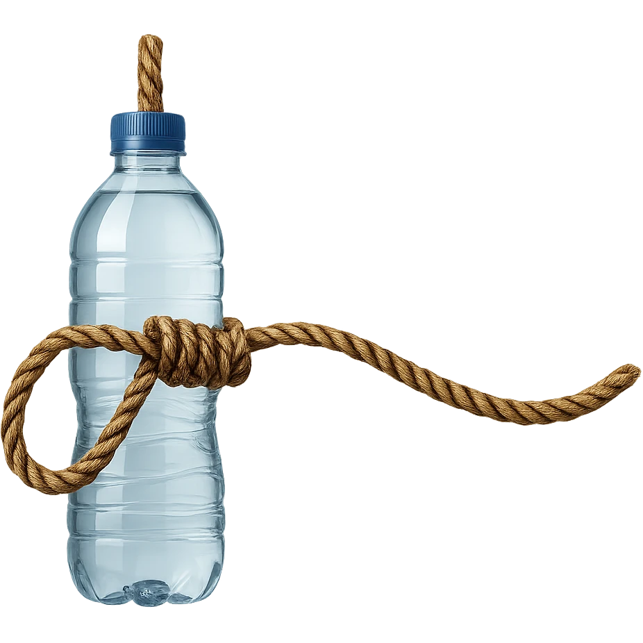 A long rope with a noose, transparent and detailed water bottle inside the rope, no background, realistic style, symbolic atmosphere, photorealistic and detailed transparent water bottle inside the rope. emoji