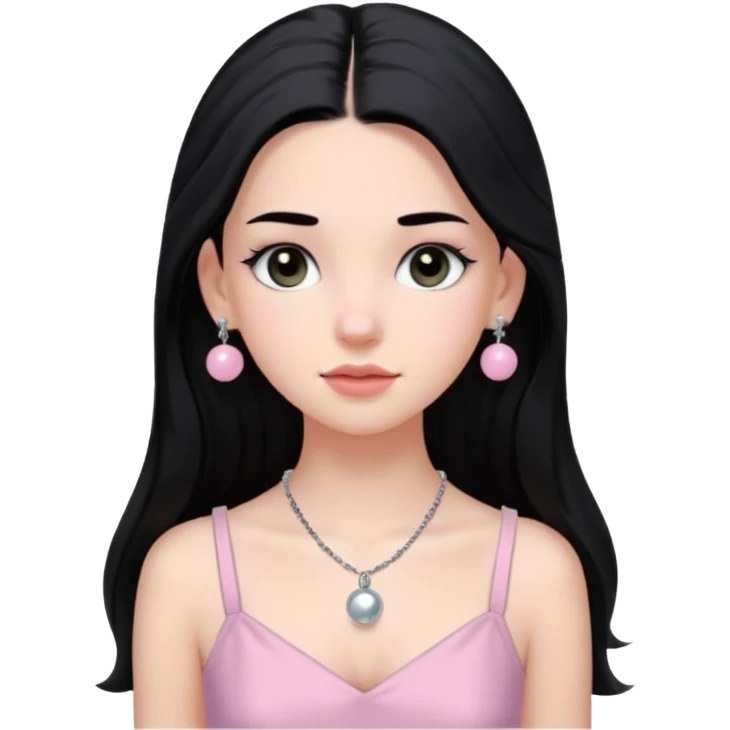 Menina branca ,cabelos longos cor preta , olhos cor preta puxados para cima. Cílios longos, lábios grossos ,nariz pequeno.vestido rosa claro de alça. Colar e brinco bolinha prata pequeno. Jovem de 16 anos  emoji