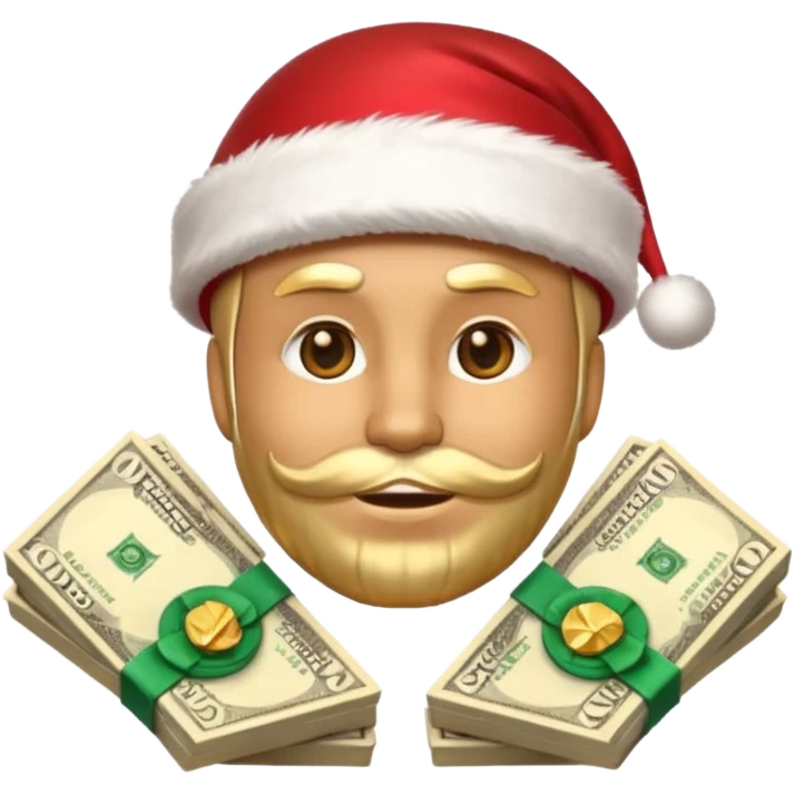 A confident rich emoji face wearing a Santa hat, money stacks, casino vibe, New Year theme, premium 3D emoji style, sharp details, no text, isolated on transparent background emoji
