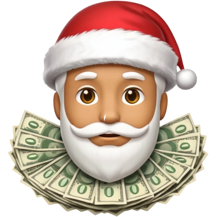 A confident rich emoji face wearing a Santa hat, money stacks, casino vibe, New Year theme, premium 3D emoji style, sharp details, no text, isolated on transparent background emoji