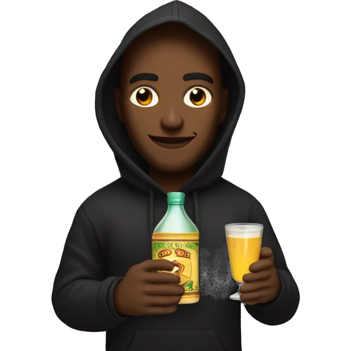 God wearing a black hoodie holding a cup and a tequila bottle emoji