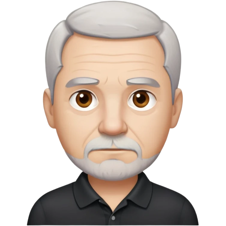 Charismatic older man in his late 50s with light skin, round face with wide features, expressive dark brown eyes, thick slightly arched eyebrows, short white-gray hair with receding hairline, gray scruff beard, neutral-serious expression, wearing black polo shirt emoji