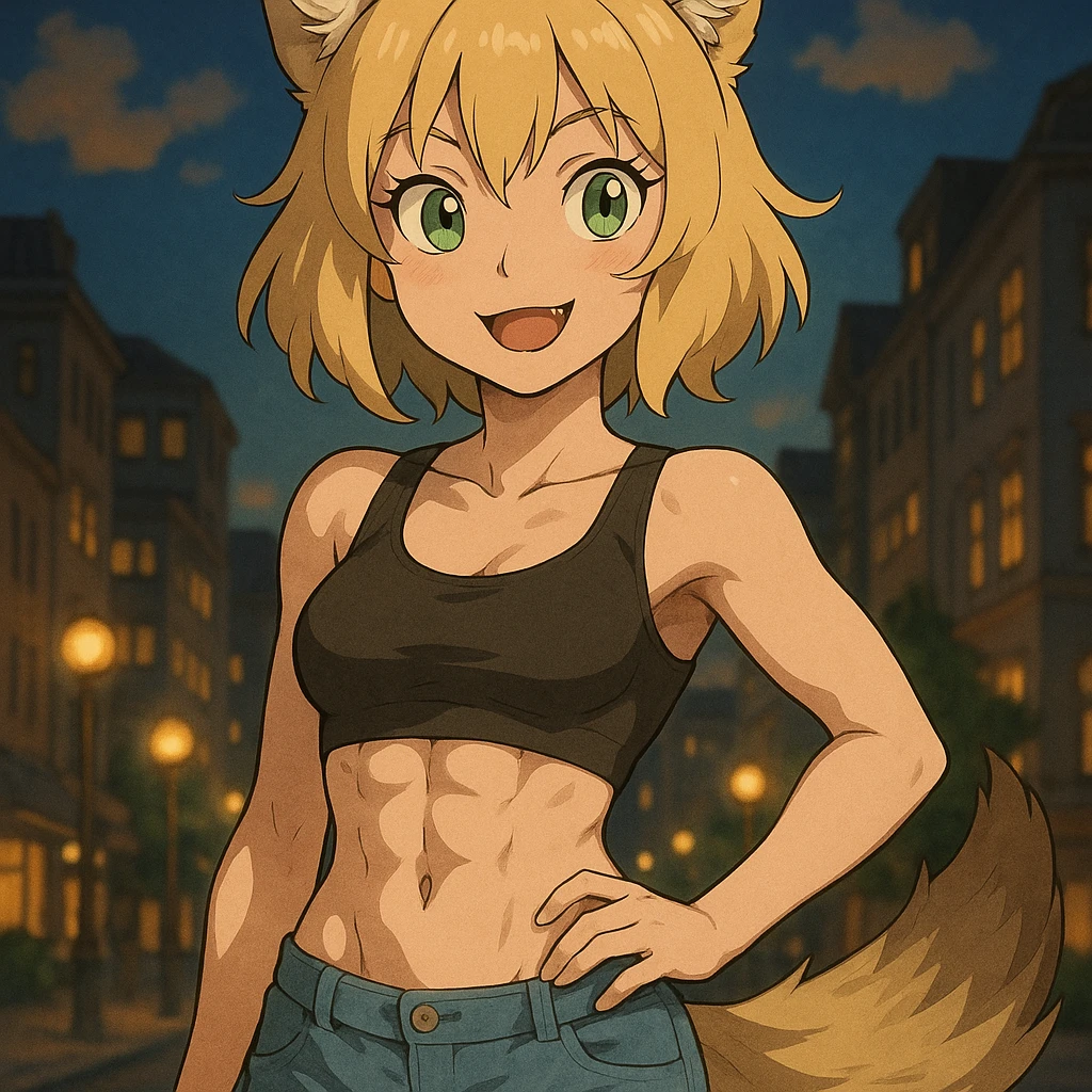 anime style furry girl with wolf ears and tail, short blonde hair, shining green eyes, hourglass figure, attractive abs, soft skin, evening city background, playful expression, ghibli style emoji
