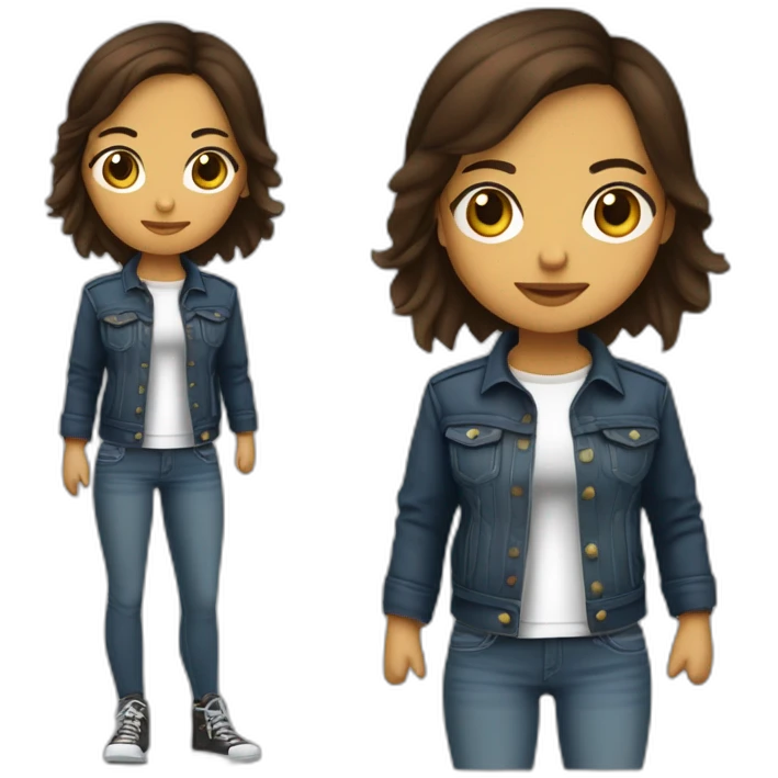 fille brune aux yeux marrons, cheveux mi-long ondulés, qui porte un jean un t-shirt rock et un blouson en cuir emoji