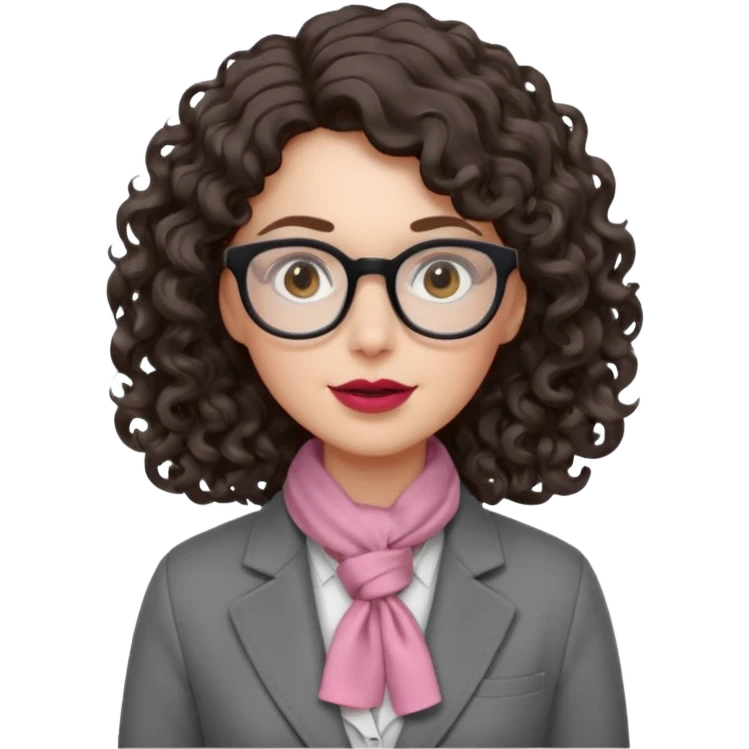 A crazy female scientist, with curly-wavy dark brown hair, brown eyes and light grey glasses and pale skin and pinkish lips, dressed to look like an english teacher but in neutral tones like grey black white, maybe with the pop of dark red emoji