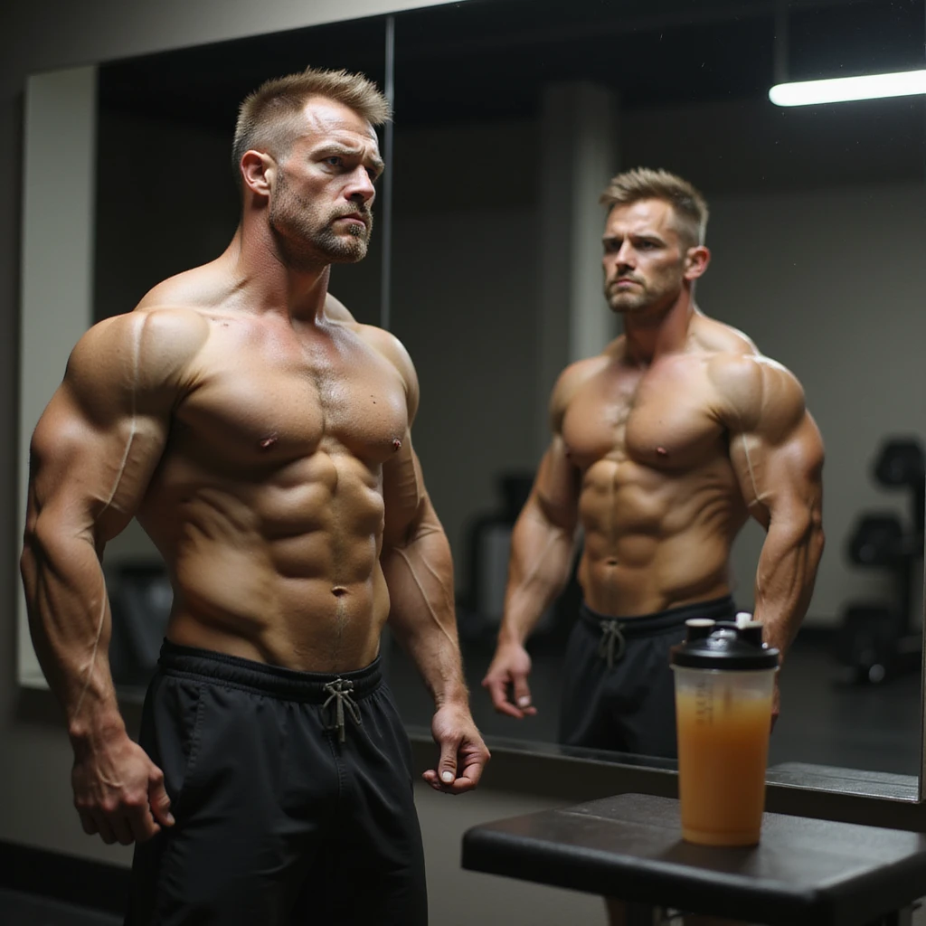realistic male bodybuilder in definition phase, shirtless in front of mirror, observing reflection with doubtful expression, less full muscles, visible veins, gym with soft lighting, protein shaker on bench emoji