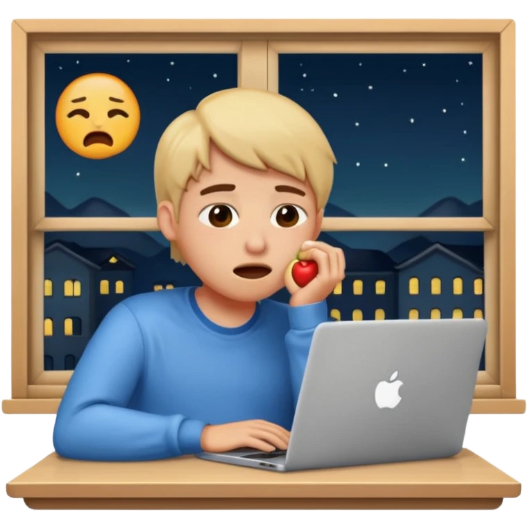 tired student with laptop, window at night behind, drooling, apple style emoji emoji