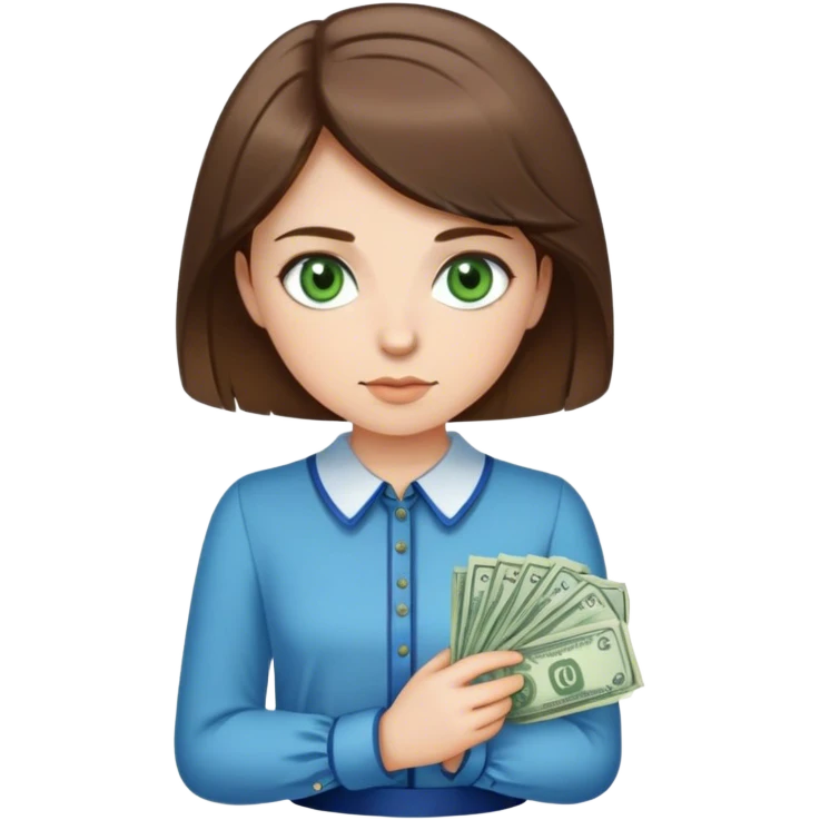 Girl with short brown hair, green eyes, wear blue old money blouse emoji
