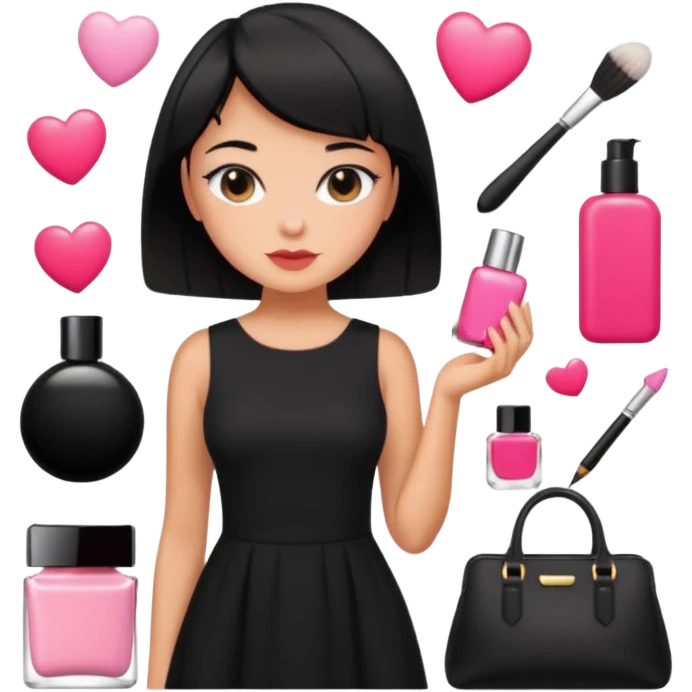 black short hair tanned woman, black dress girly things emoji