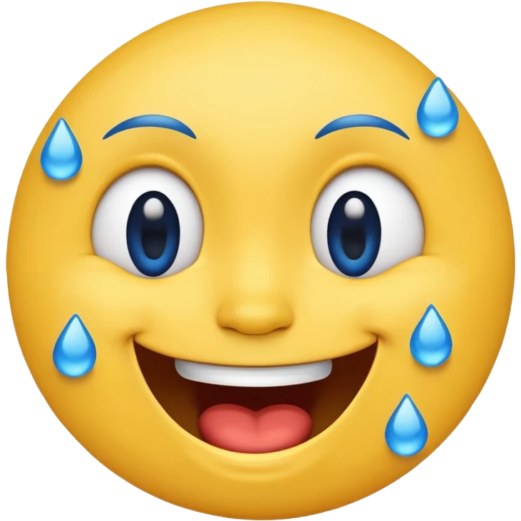 Emoji, yellow round laughing tilted head face sideways with blue tears of fun emoji