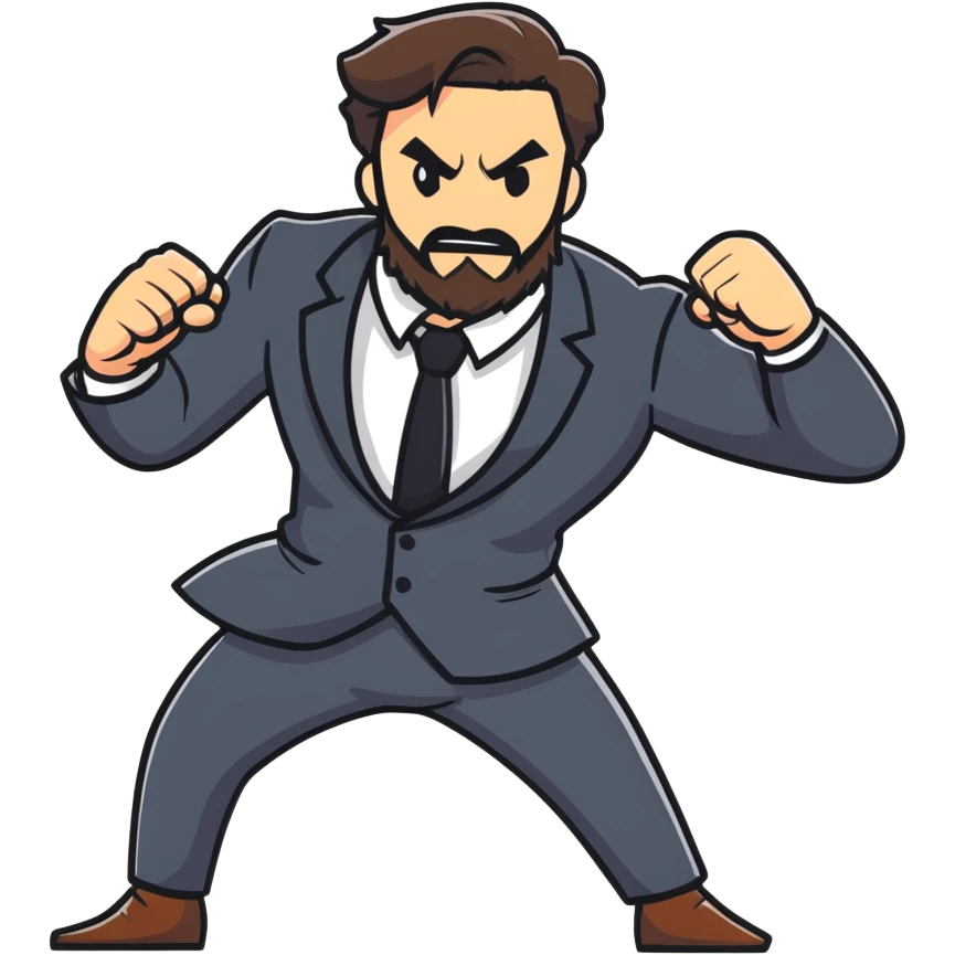 bearded man in a black suit, fighting posture emoji