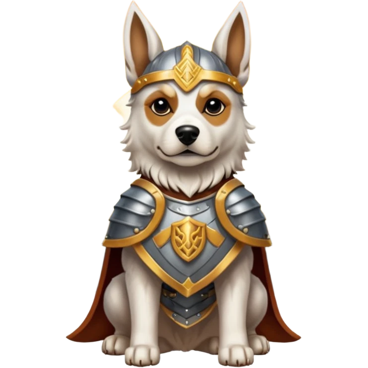 valorous Viking dog in Valhalla, detailed armor, heroic pose, glowing sky emoji