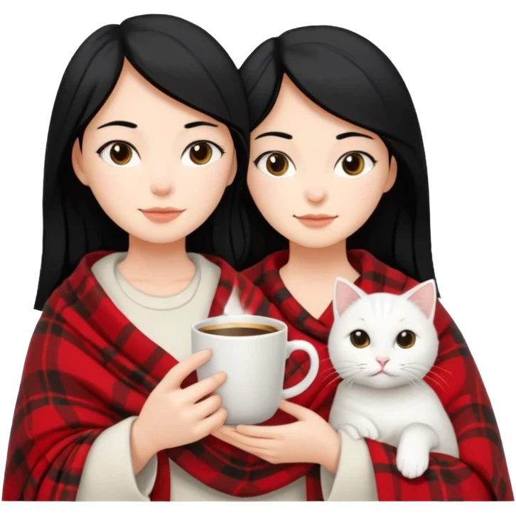 Beyaz kedi siyah saclı bayan elinde kahve ve battaniyesi emoji