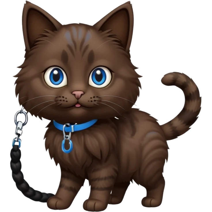Dark brown cat with blue eyes walking on a leash emoji