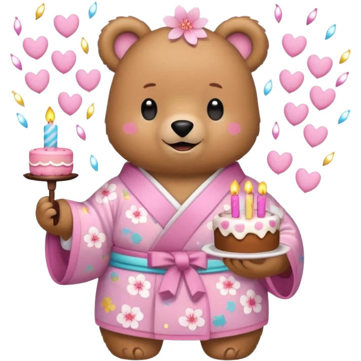 A cute light-brown bear wearing a pastel pink sakura-patterned kimono, normal balanced body ratio.  
Holding a small birthday cake with candles, smiling brightly with confetti and spark effects around.  
Kawaii emoji style, minimalistic clean sticker illustration, white background. emoji