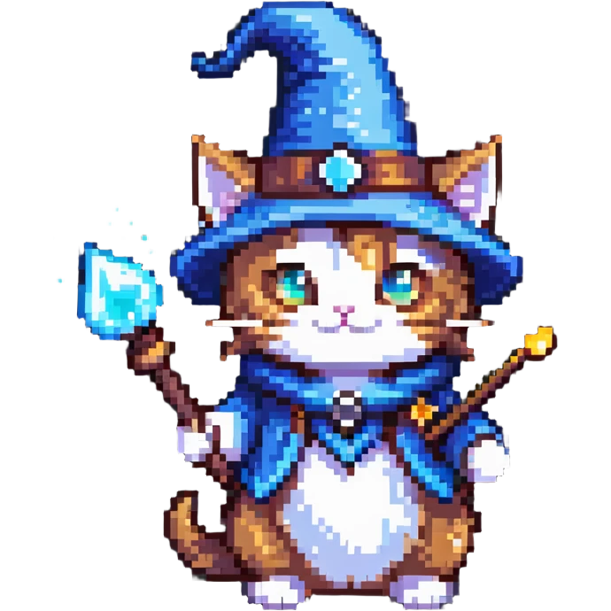 wizard cat with a pointy hat and magic wand emoji