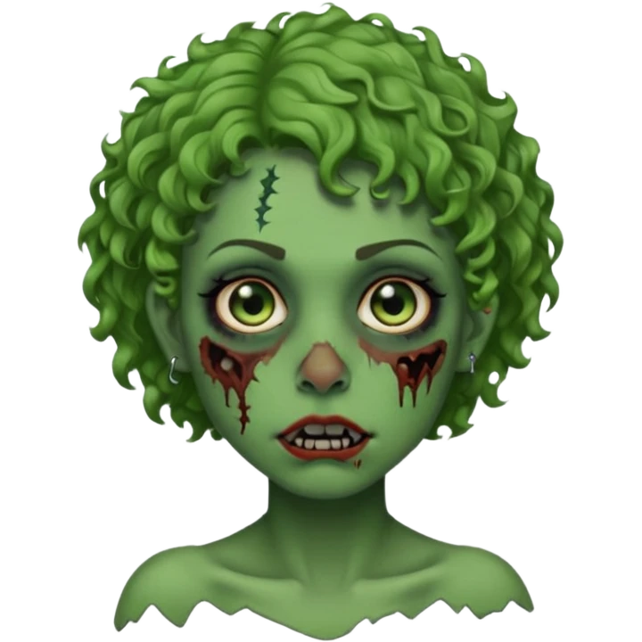 faça uma cabeça verde de zumbi femenina, com im cabelo curtinho cacheado, piercing no nariz, e brincos na orelha emoji
