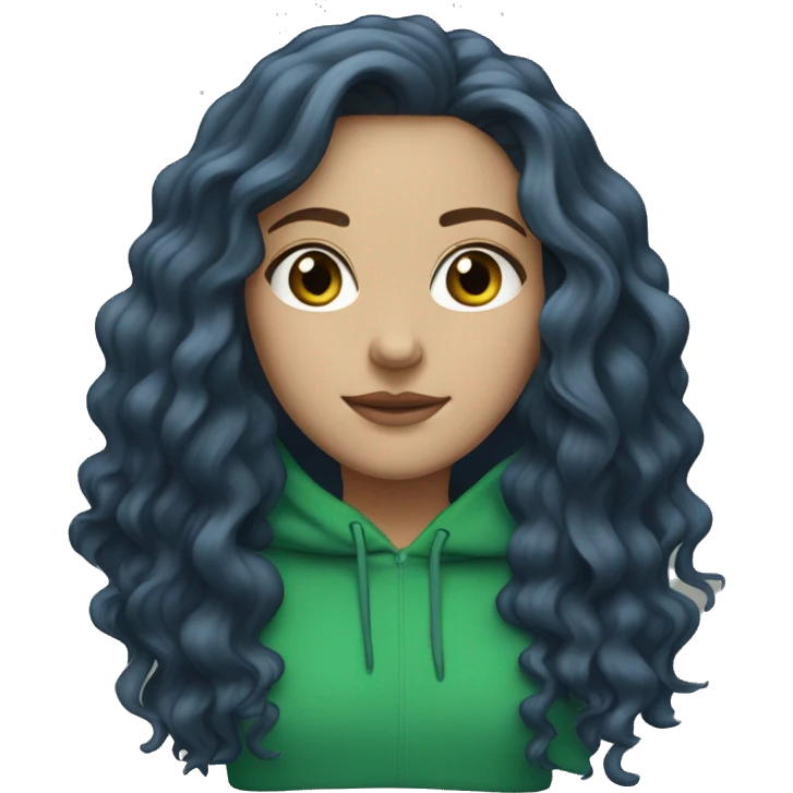 white girl with long wavy dark blue middle parted hair wearing green hoodie emoji