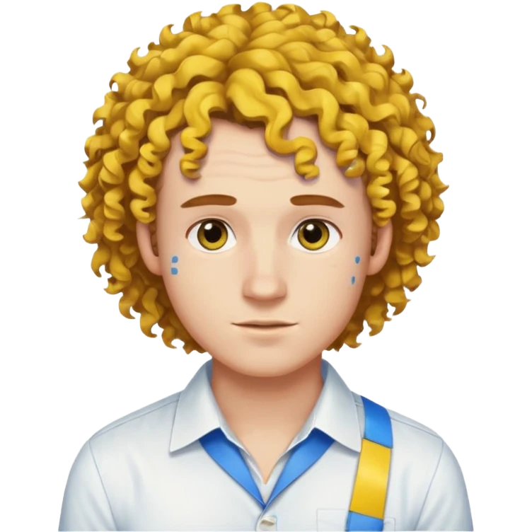 Make me an emoji that has a guy with a white shirt and yellow tape around the shirt with brown and blue spots hair make the hair curly emoji