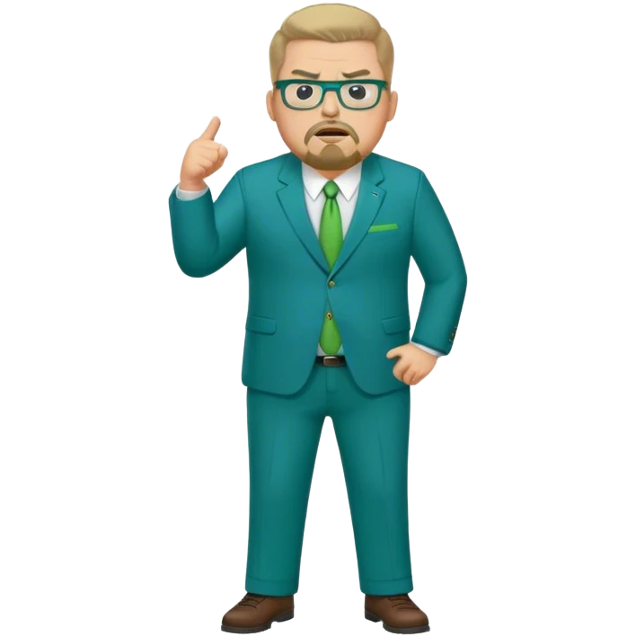Full Body white male plus size wearing glasses with a goatee angry head Coach in blue and green suit emoji