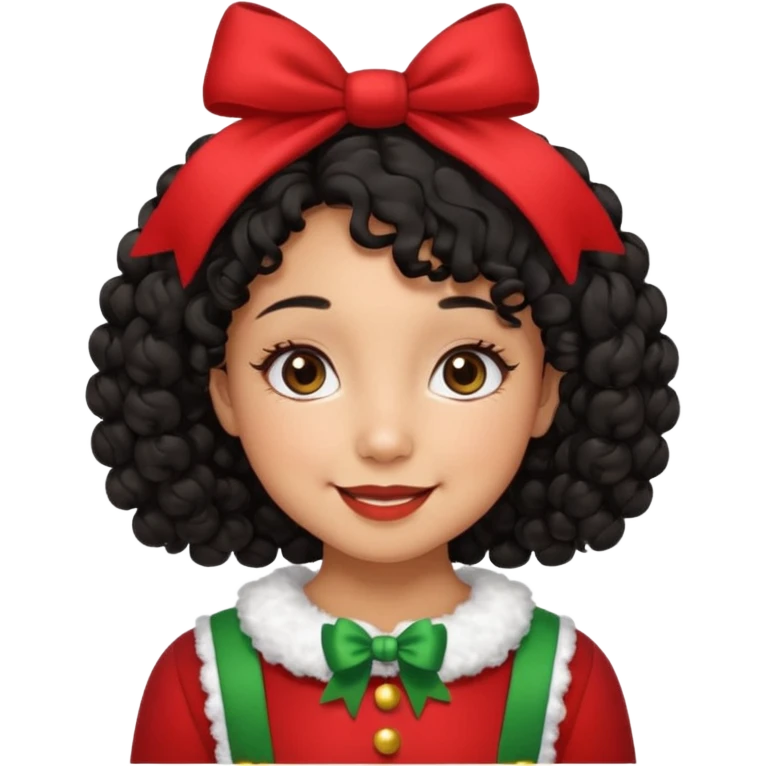 cute girl tan skin, curly black hair chin length, middle part, long eyelashes, cute cheeks, 5'2, outfit croquette style with bows and christmas theme, smiling,  no bangs emoji