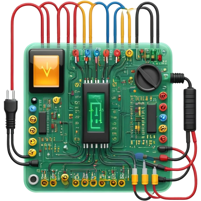 An icon featuring circuit boards, glowing wires, and a multimeter, symbolizing electrical engineering. The design includes voltage symbols and electric currents flowing through components, representing the study and application of electricity. Transparent background emoji