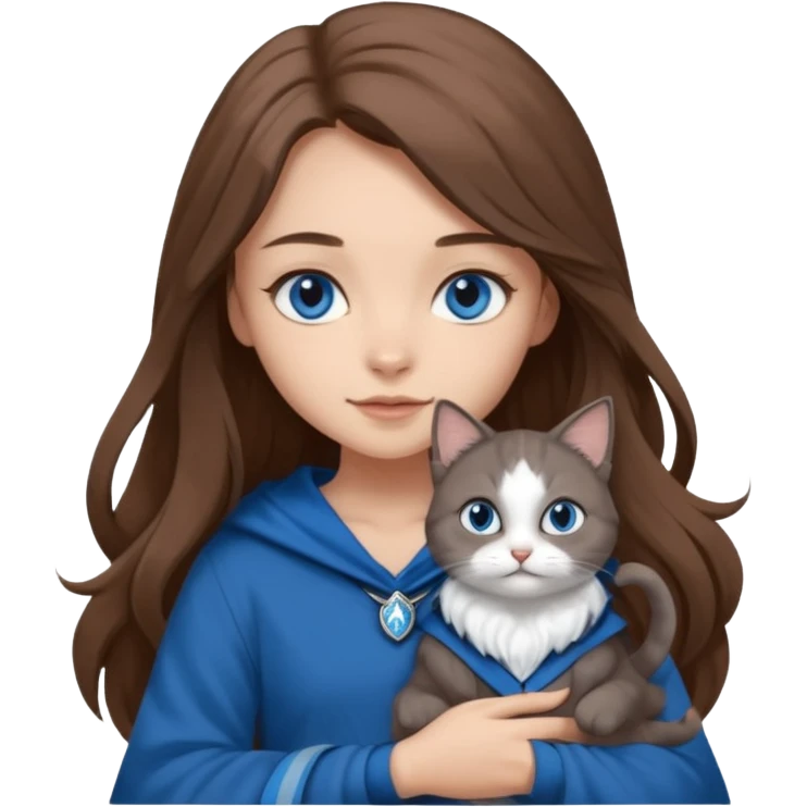 gorgeous Girl with light skin, blue eyes, long brown hair, wears a ravenclaw outfit, with a grey and white cat holding in her arms emoji