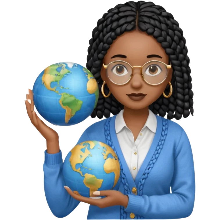 a-young-woman-wearing-fine-gold-round-glasses-and-black-hair-in-several-box-braids,-she-has-light-black-skin,-and-she's-wearing-a-white-shirt-with-an-blue-cardigan-on-top.-she's-holding-a-globe-in-one-hand.png emoji