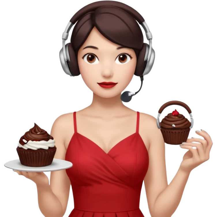 4–5 women at a listening party with a red and silver dress code. One holds a dark chocolate cupcake. Two wear over-ear headphones like AirPods Max. Indoor event lighting, modern and metallic vibe. emoji