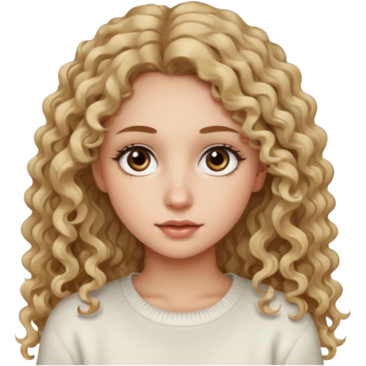 a dirty blonde girl with brown eyes and make her wearing a white sweater and  with really long curly hair and white skin color, long hair and really big lashes emoji