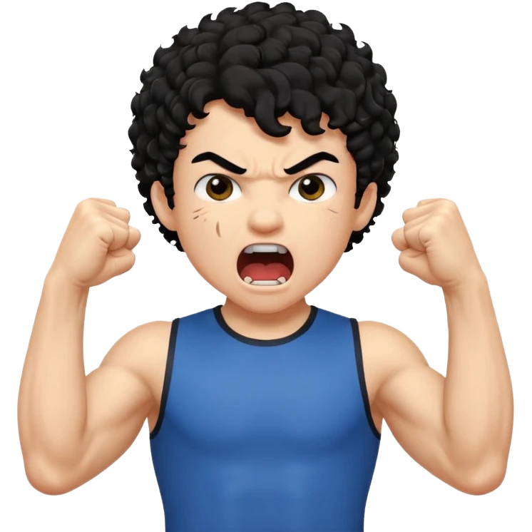 Emoji di ragazzo con capelli neri e ricci che urla e che fa vedere il muscolo del braccio e che fa questo gesto ✊🏻 emoji