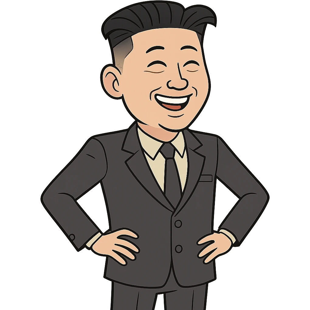 cartoon Kim Jong Un, slim build, standing with hands on hips, wearing suit, big smile, humorous and non-offensive style emoji