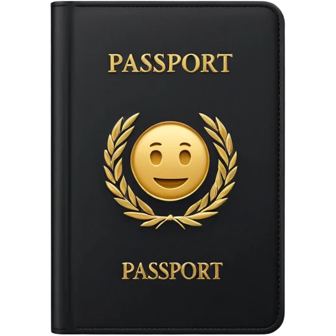 Minimal emoji icon of a black passport, matte cover, simple gold emblem, clean lighting emoji
