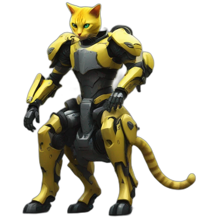a yellow cat knight on a cyberpunk mech horse，full body emoji