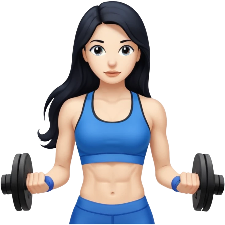 Spanish woman with long black hair, in a blue fitness gym fit with abs, very lean emoji