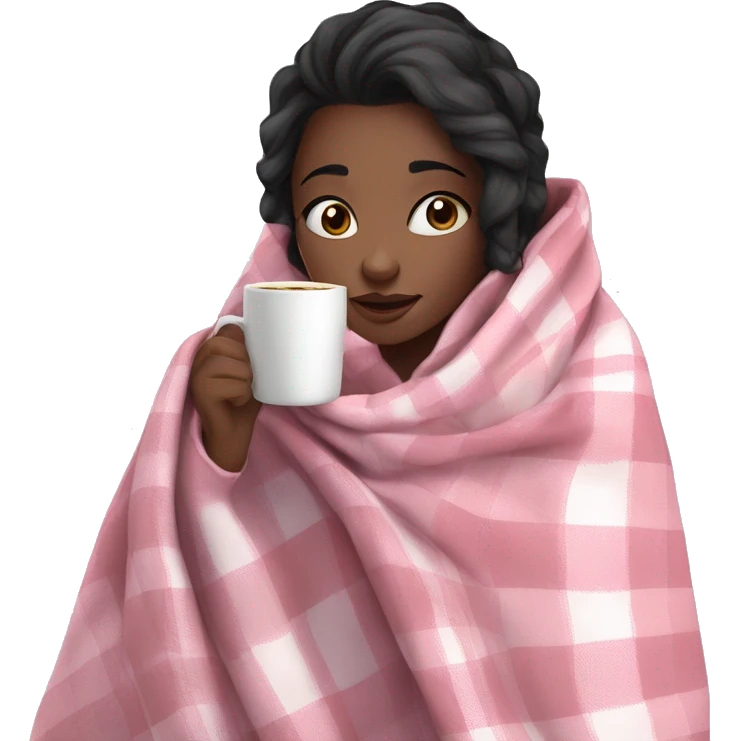 A cute black hair girl wrapped in pastel pink plaid blanket drinking coffee emoji