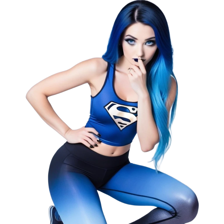 Shameful-head tilted-texting on phone-very very very large upper body-sexy face-bending forward at waist-very long very straight dark blue to light blue ombre hair-and-blue eyes-thick black eyeliner-thick long eyelashes-iridescent blue lowcut tanktop with black leggings with glitter superman logo emoji