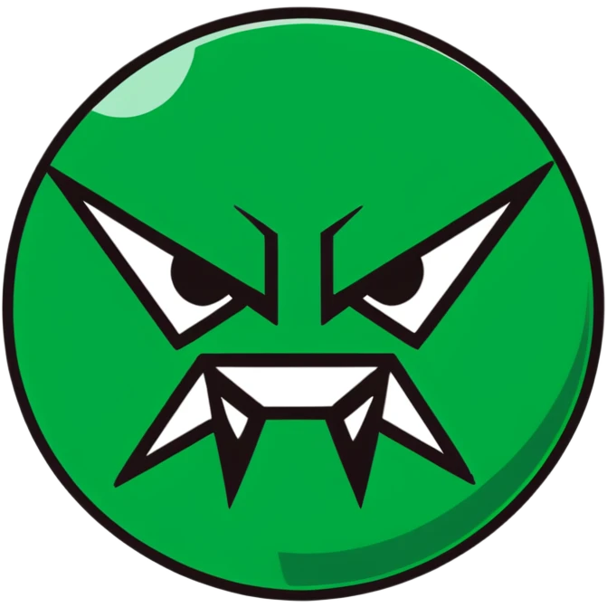 Geometric Maya style angry emoji - spam message, strictly white and deep dark green only, angular sharp lines emoji