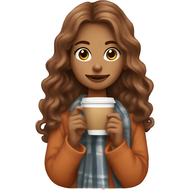 Auburn long wavy haired girl in with a blanket and a latté coffe emoji