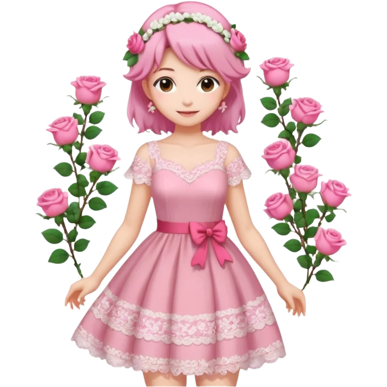 pastel anime woman with pink and white lace dress full body and roses in hair emoji