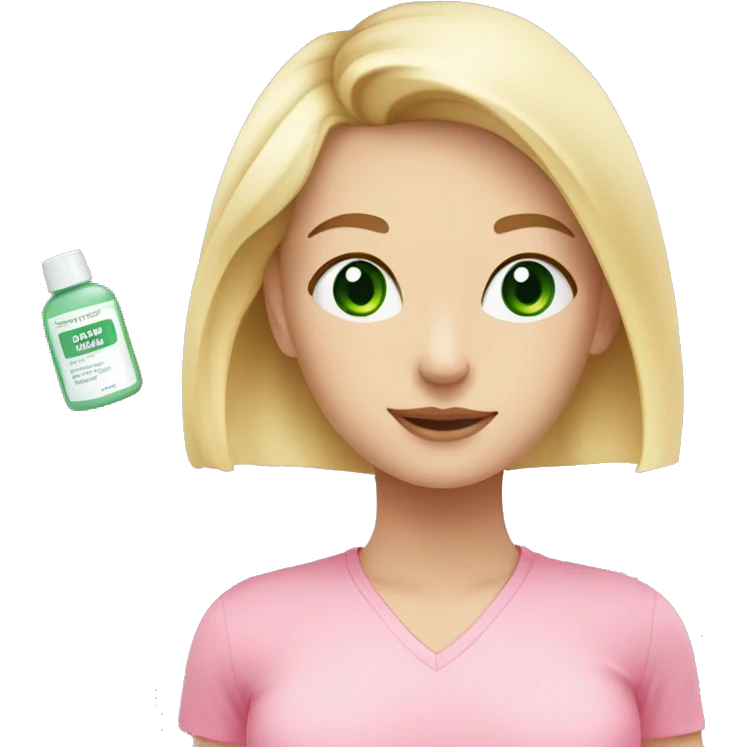 Pale girl, blonde hair to hips, doing skincare, green eyes, wearing pink shirt emoji