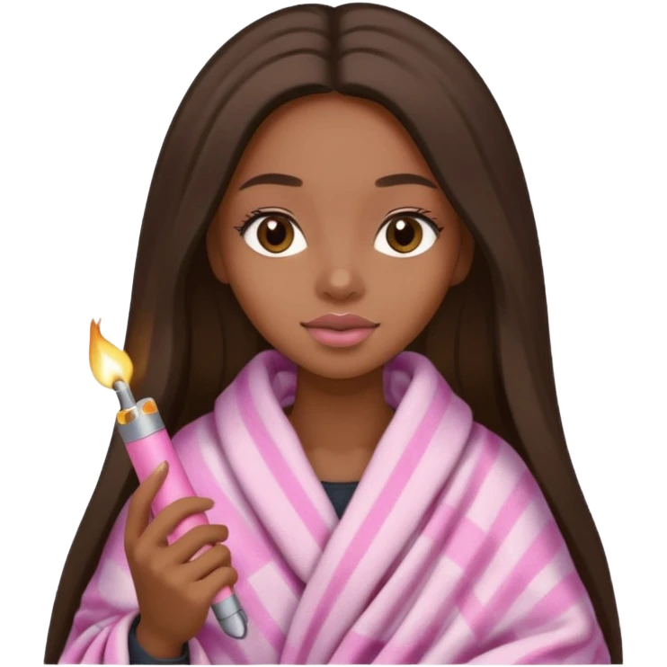 Curvy, light brown long hair, pretty black girl light pink lipgloss wrapped in blanket holding a lighter and blunt emoji
