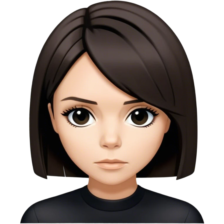 Victoria Beckham circa 1997 with bob haircut parted down straight down the center. Wearing black emoji
