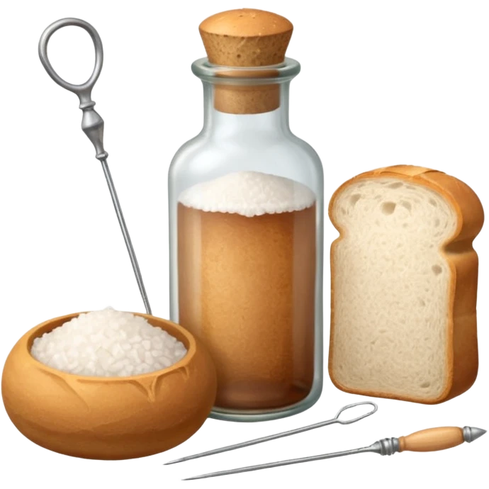  a one victorian bottle of salt and a loaf of bread - crochet needles and a ball of wool emoji